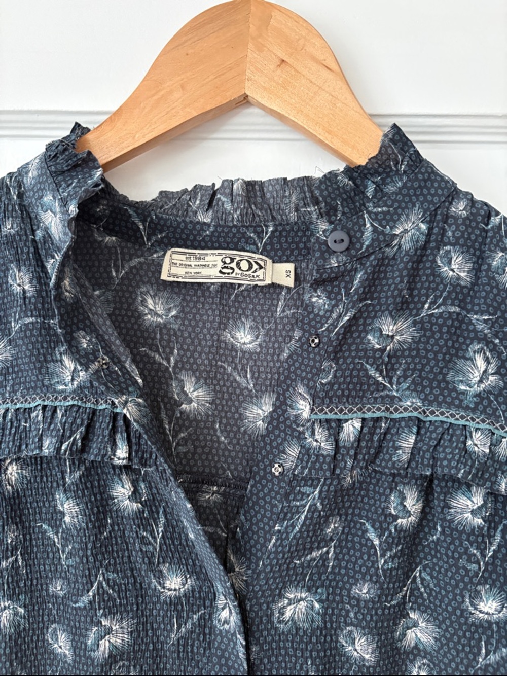 Go> by GoSilk washable silk floral ruffle blouse, blue, XS - Picture 2 of 4